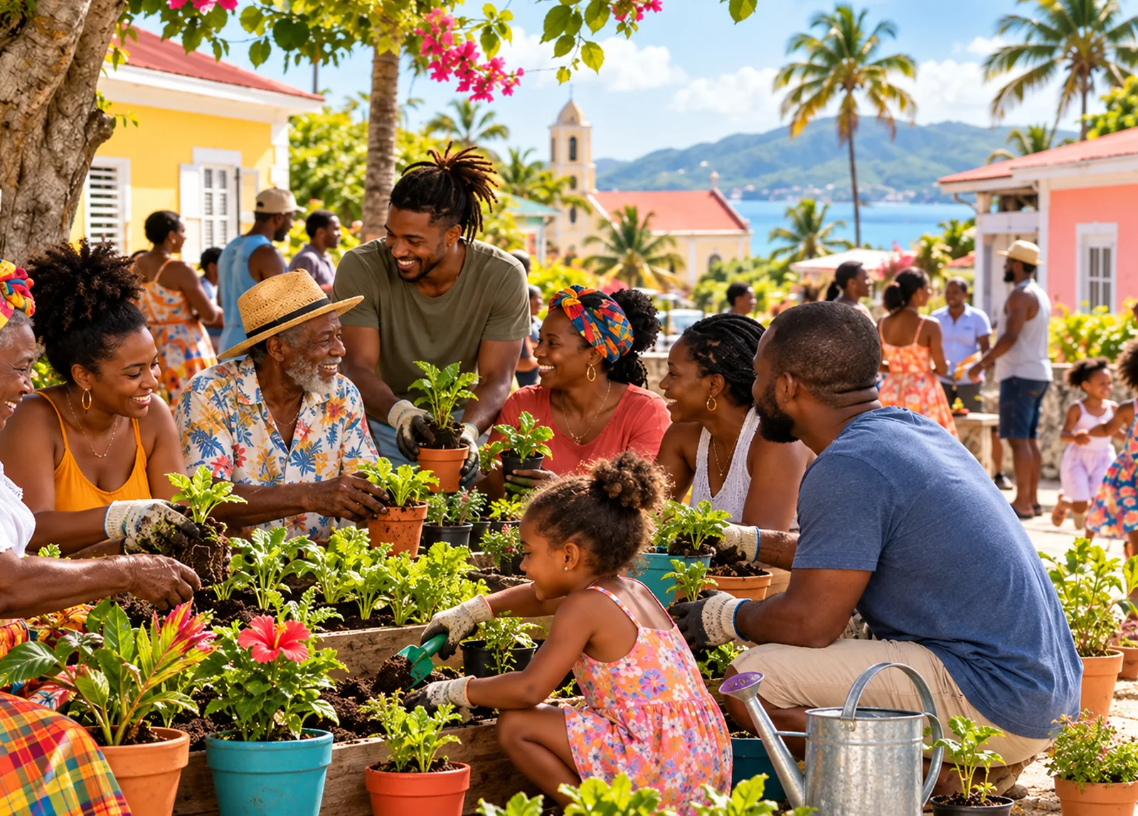 Habitants de tous âges plantant ensemble dans un village de Guadeloupe